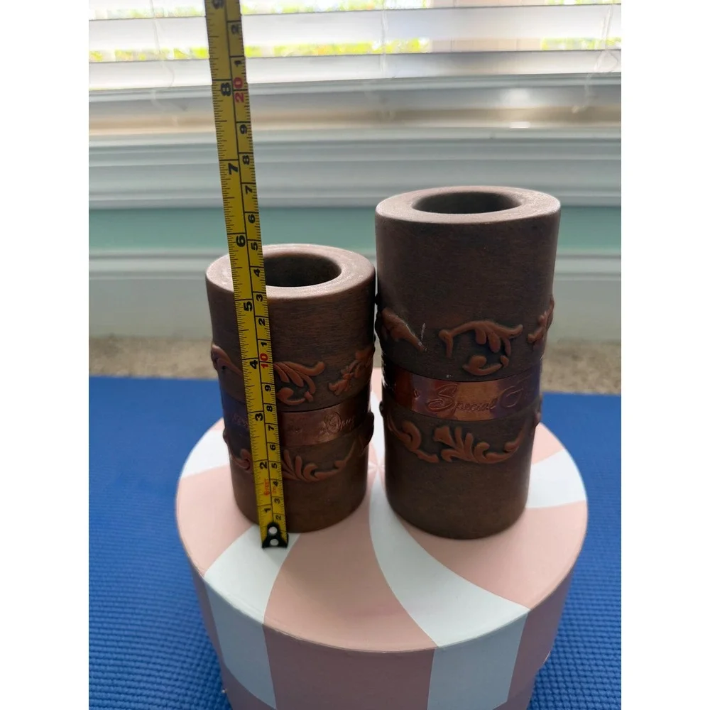 Rustic Faux Wood Pillar Candle Holders Set Daughter & Special Friend Copper Band